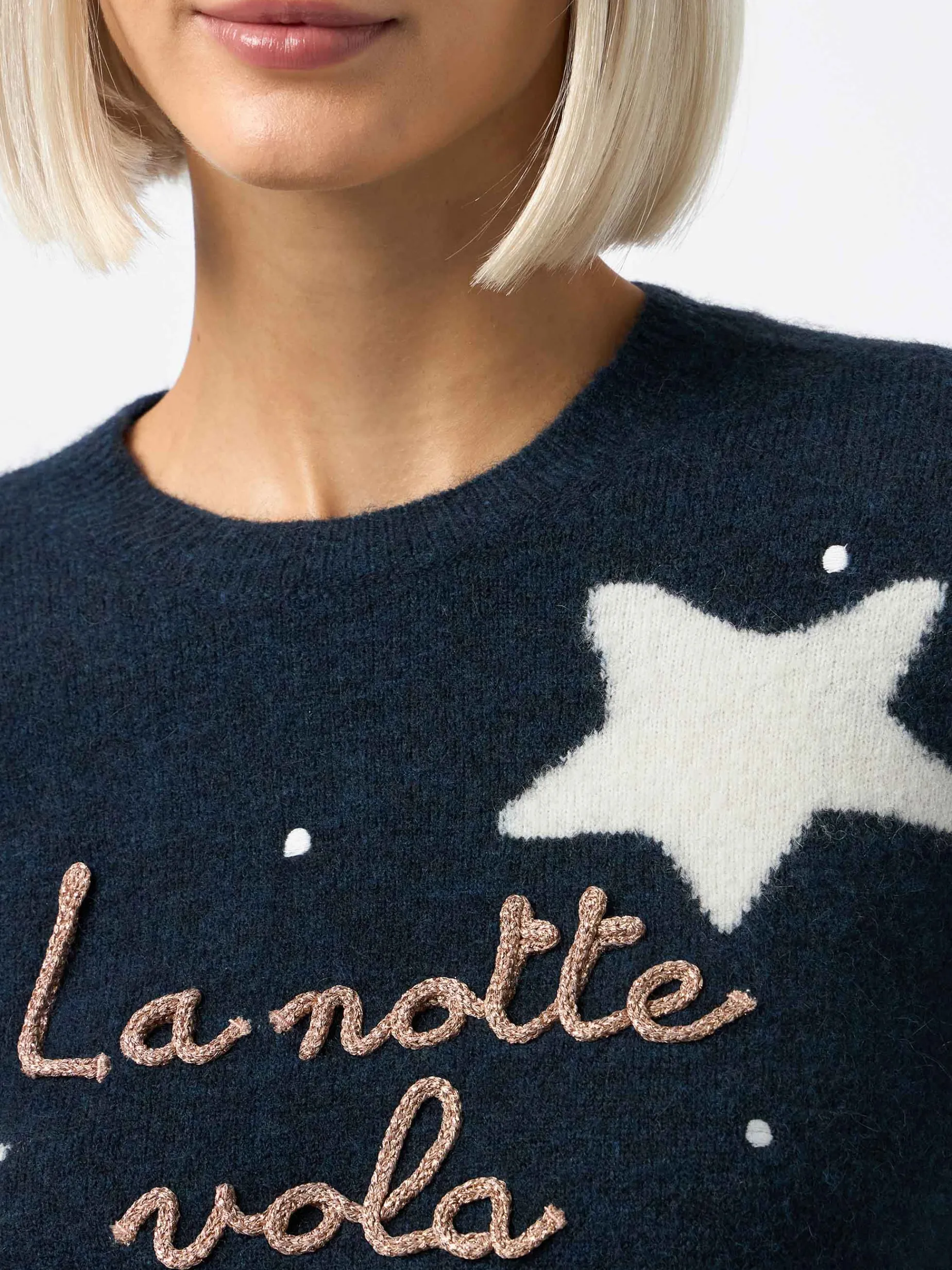 Blauer Damenpullover „New Queen“ mit „La notte vola“-Stickerei und Sternen-Print