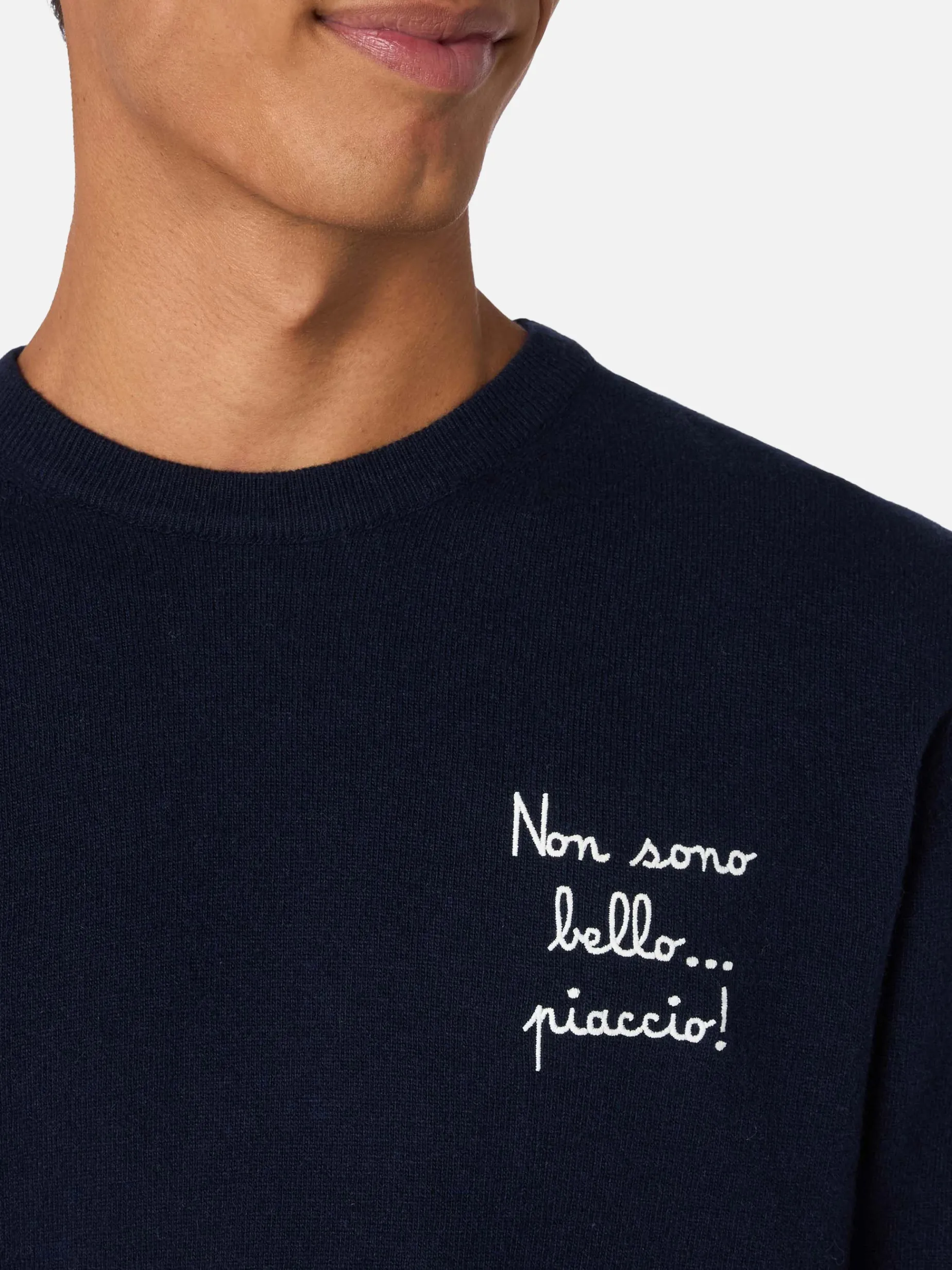 Blauer Herrenpullover Heron Light mit Non sono bello, piaccio! Stickerei | VACANZE DI NATALE SONDERAUSGABE
