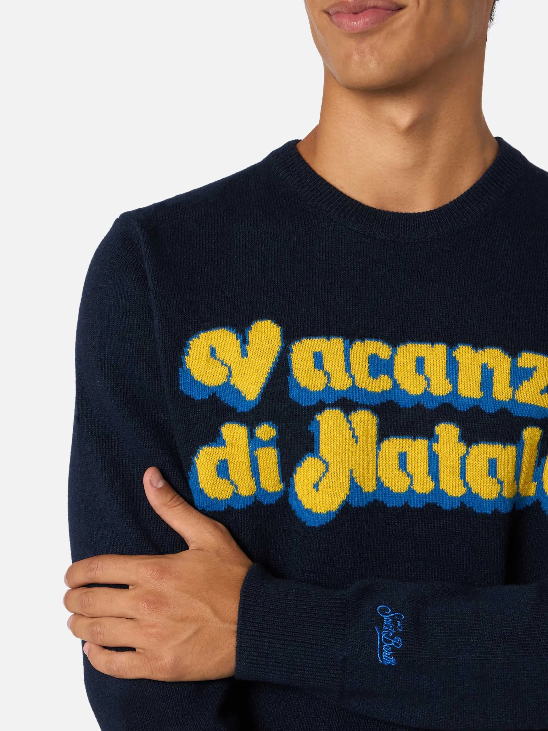 Blauer Herrenpullover Heron mit Logo-Jacquard-Print Vacanze di Natale | VACANZE DI NATALE SONDERAUSGABE