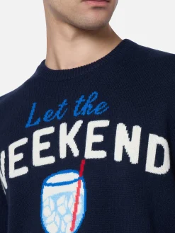 Blauer Herrenpullover Heron mit Weekend Begin-Print