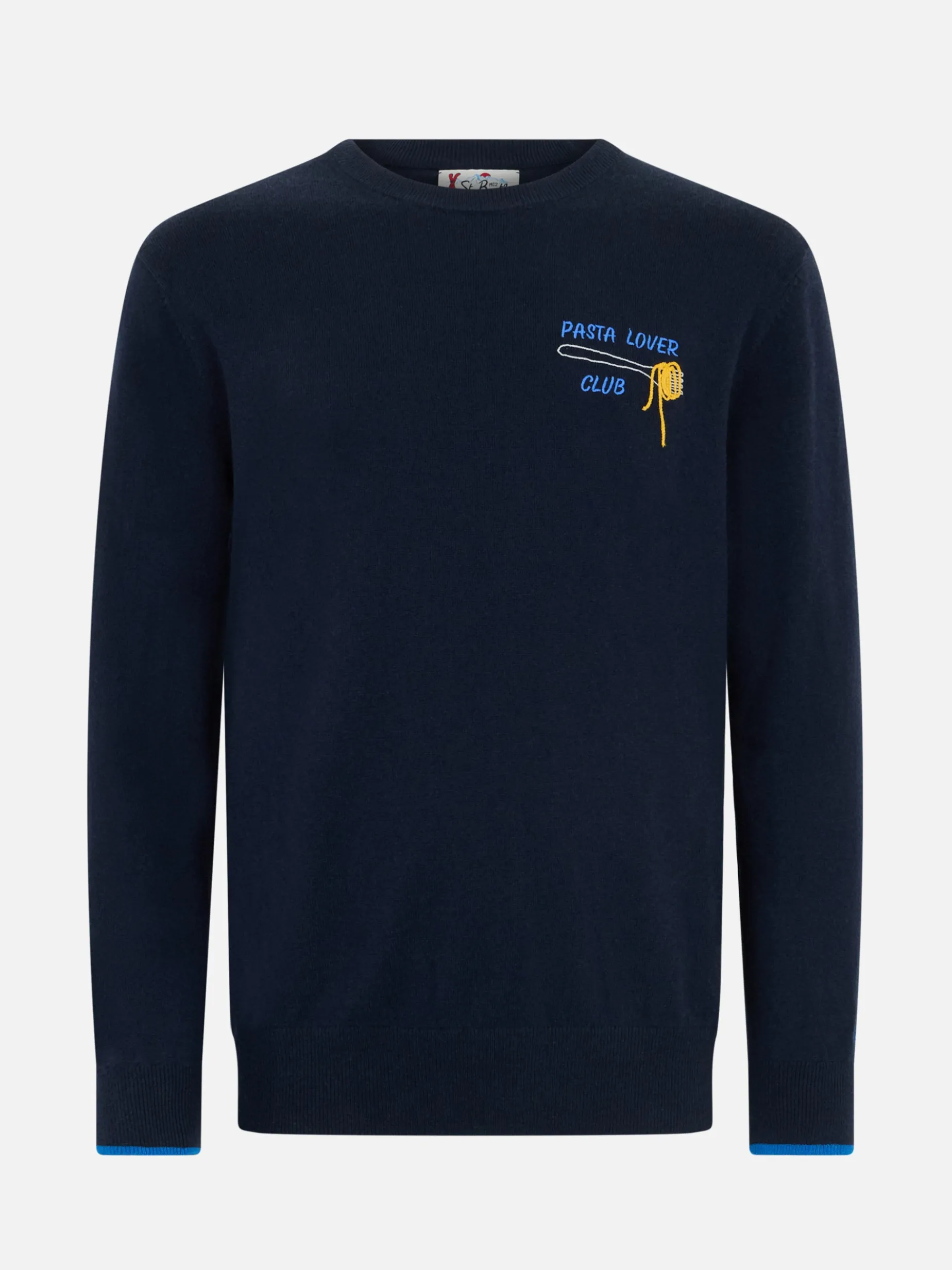 Blauer Herrenpullover Heron mit Pasta Lover-Stickerei