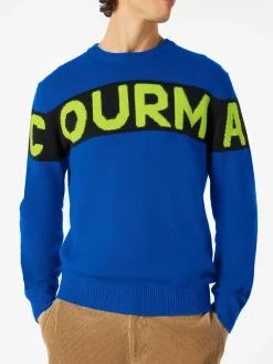 Blauer Herrenpullover mit Courma-Schriftzug