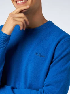 Blauer Herrenpullover mit Rundhalsausschnitt und St. Barth-Stickerei