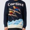 Blauer Pullover für Männer von Heron mit Postkartendruck „Cortina Ski Couple“