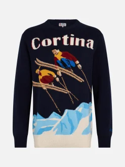 Blauer Pullover für Männer von Heron mit Postkartendruck „Cortina Ski Couple“