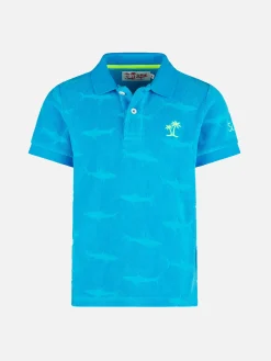 Blaues Jungen-Poloshirt mit aufgeprägten Haifischen aus Frottee