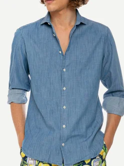 Blaues Pamplona-Hemd aus Denim-Baumwolle für Herren