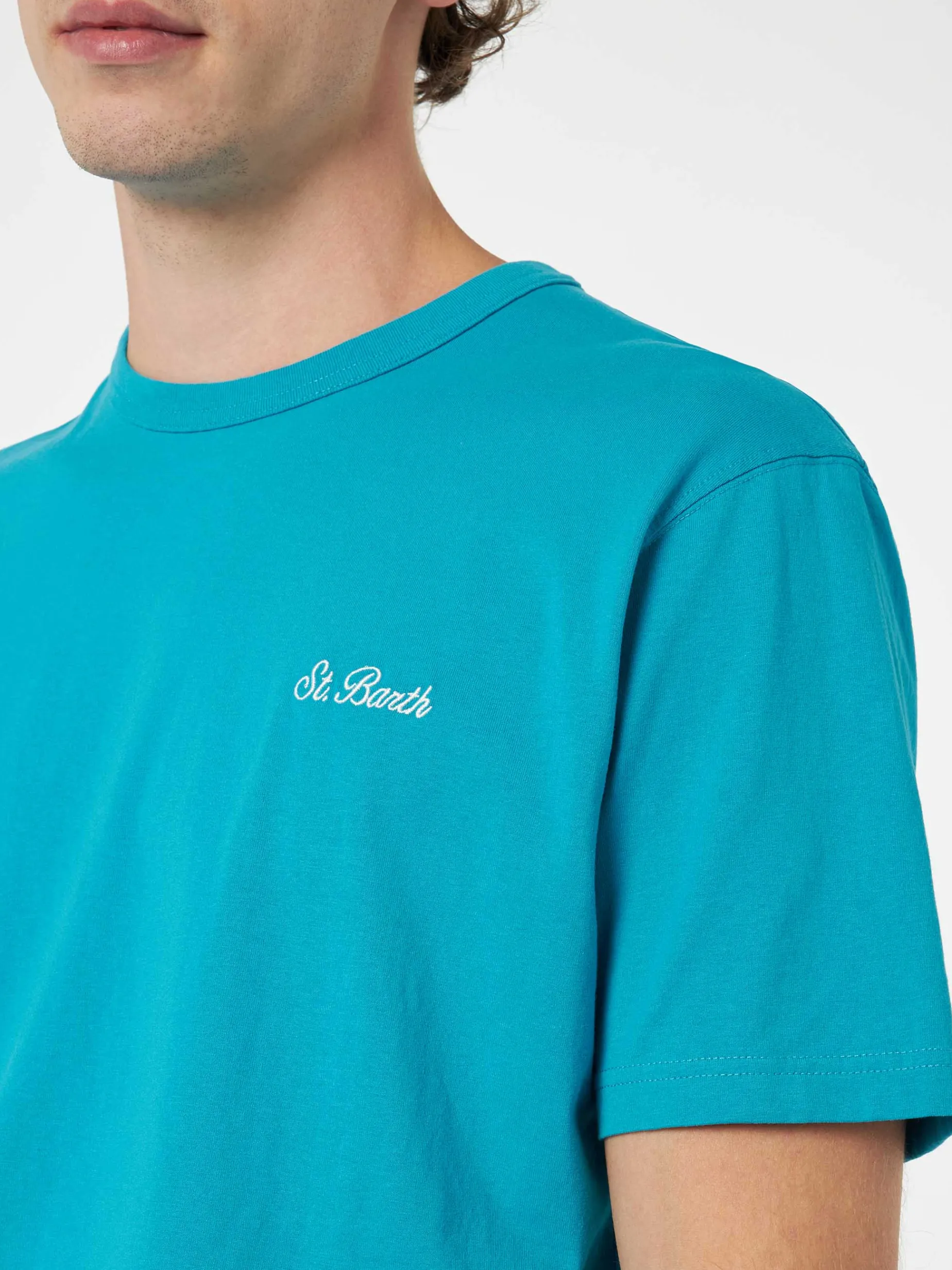 Blaugrünes Herren-T-Shirt aus Baumwolljersey „Dover“ mit St. Barth-Stickerei