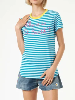 Bluette-Baumwoll-T-Shirt mit der Aufschrift „Wo ist St. Barth?“ Stickerei