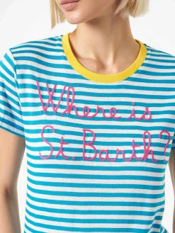 Bluette-Baumwoll-T-Shirt mit der Aufschrift „Wo ist St. Barth?“ Stickerei