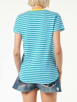 Bluette-Baumwoll-T-Shirt mit der Aufschrift „Wo ist St. Barth?“ Stickerei