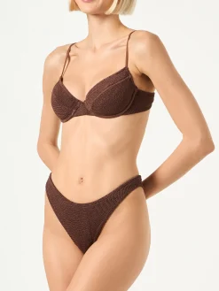 Brauner Bralette-Bikini für Damen in Crinkle-Optik mit Bügeln