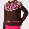 Brauner Damen-Rundhalspullover aus nordischem Jacquard