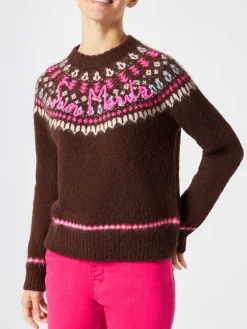 Brauner Damen-Rundhalspullover aus nordischem Jacquard