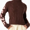 Brauner geflochtener Rollkragenpullover für Damen