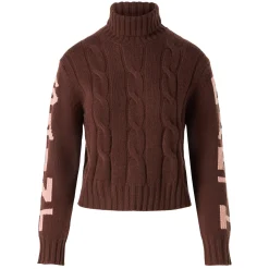 Brauner geflochtener Rollkragenpullover für Damen