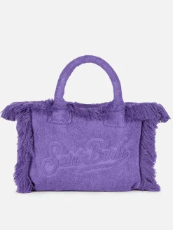 Colette – weiche Handtasche aus violettem Frottee mit mehreren Patches | BEEPY BELLA SPECIAL EDITION