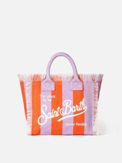 Colette-Handtasche aus Baumwollcanvas mit lila und roten Streifen