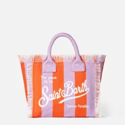 Colette-Handtasche aus Baumwollcanvas mit lila und roten Streifen