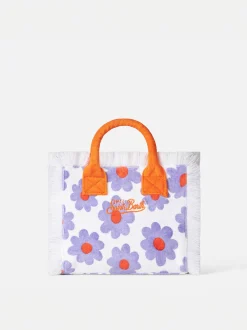 Colette-Handtasche aus Frottee mit violettem und orangefarbenem Gänseblümchen-Print