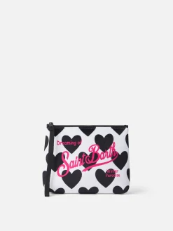 Cremefarbene Wollpochette Aline mit Herz-Print