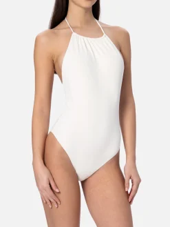 Cremefarbener Neckholder-Badeanzug für Damen