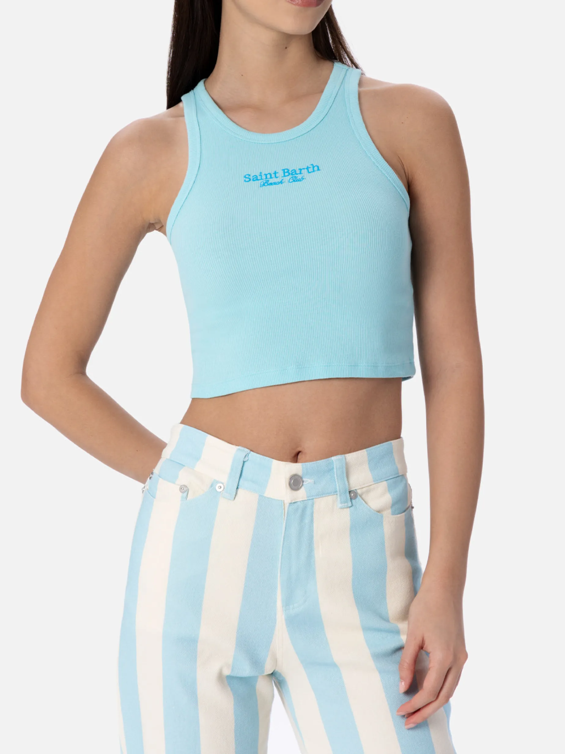 Crop-Top aus Baumwolle im Rippenstrick für Damen mit Saint Barth Beach Club-Stickerei