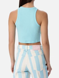 Crop-Top aus Baumwolle im Rippenstrick für Damen mit Saint Barth Beach Club-Stickerei
