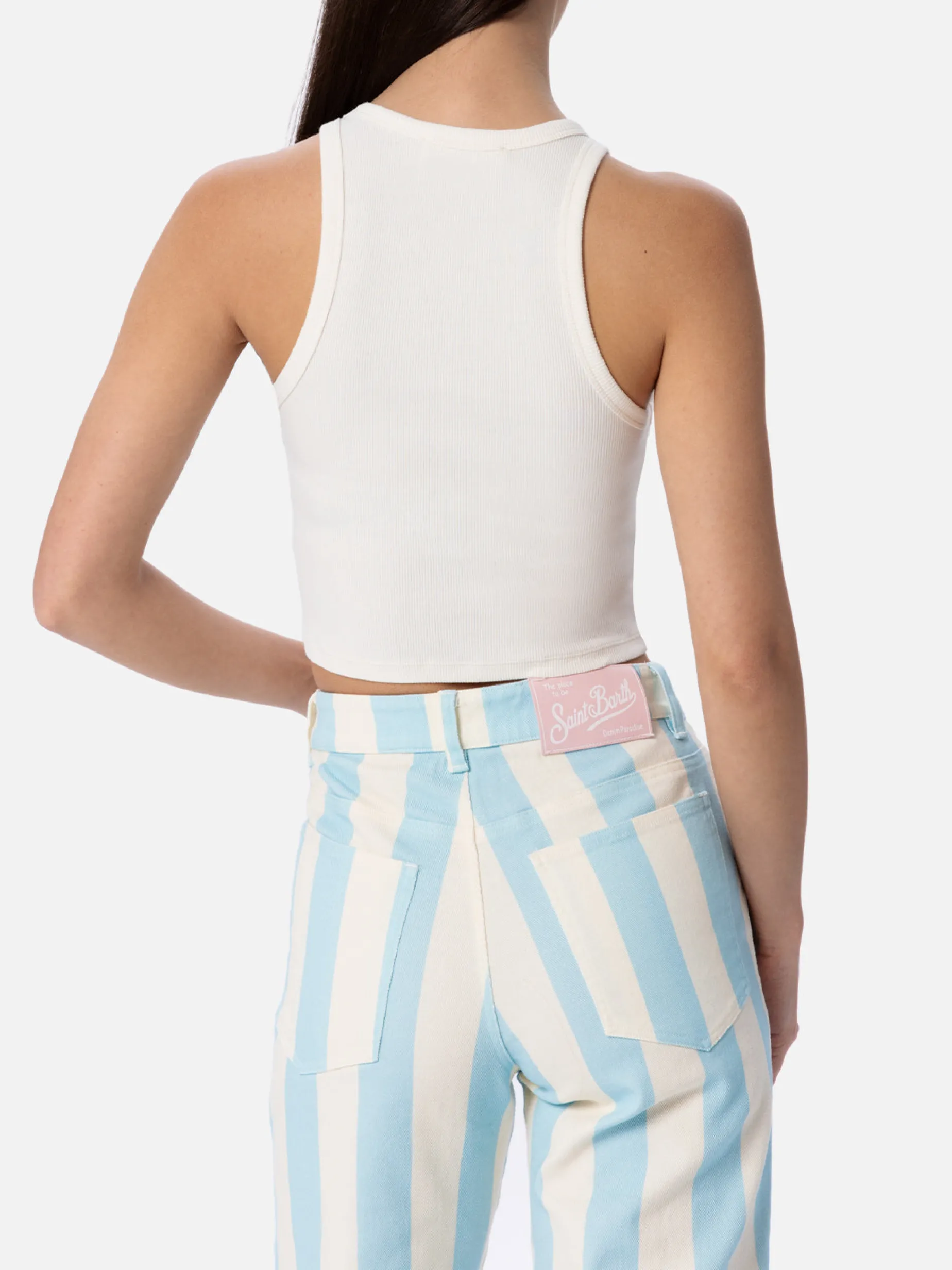 Crop-Top aus Baumwolle im Rippenstrick für Damen mit Saint Barth Beach Club-Stickerei