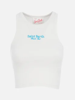 Crop-Top aus Baumwolle im Rippenstrick für Damen mit Saint Barth Beach Club-Stickerei