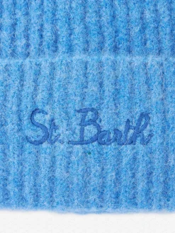 Damen Mütze aus Wollstretch in Staubblau Moss