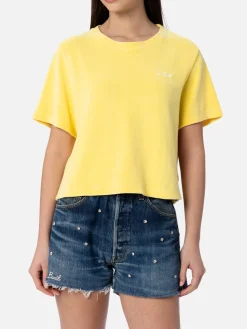 Damen T-Shirt Emilie aus hellgelber Frottee-Baumwolle mit Rundhalsausschnitt