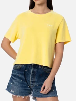 Damen T-Shirt Emilie aus hellgelber Frottee-Baumwolle mit Rundhalsausschnitt