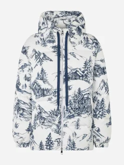 Damen-Daunenjacke mit Kapuze und Toile-de-Jouy-Print