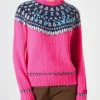 Damen-Pullover aus nordischem Jacquard mit Rundhalsausschnitt in Fluo-Rosa