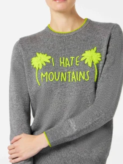 Damen-Pullover, grau, Fluo-Gelb, I Hate Mountains-Stickerei