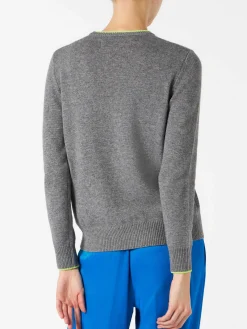 Damen-Pullover, grau, Fluo-Gelb, I Hate Mountains-Stickerei