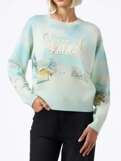 Damenpullover Louise aus Kaschmirmischung mit Chalet-Print und Queen of Chalet-Stickerei