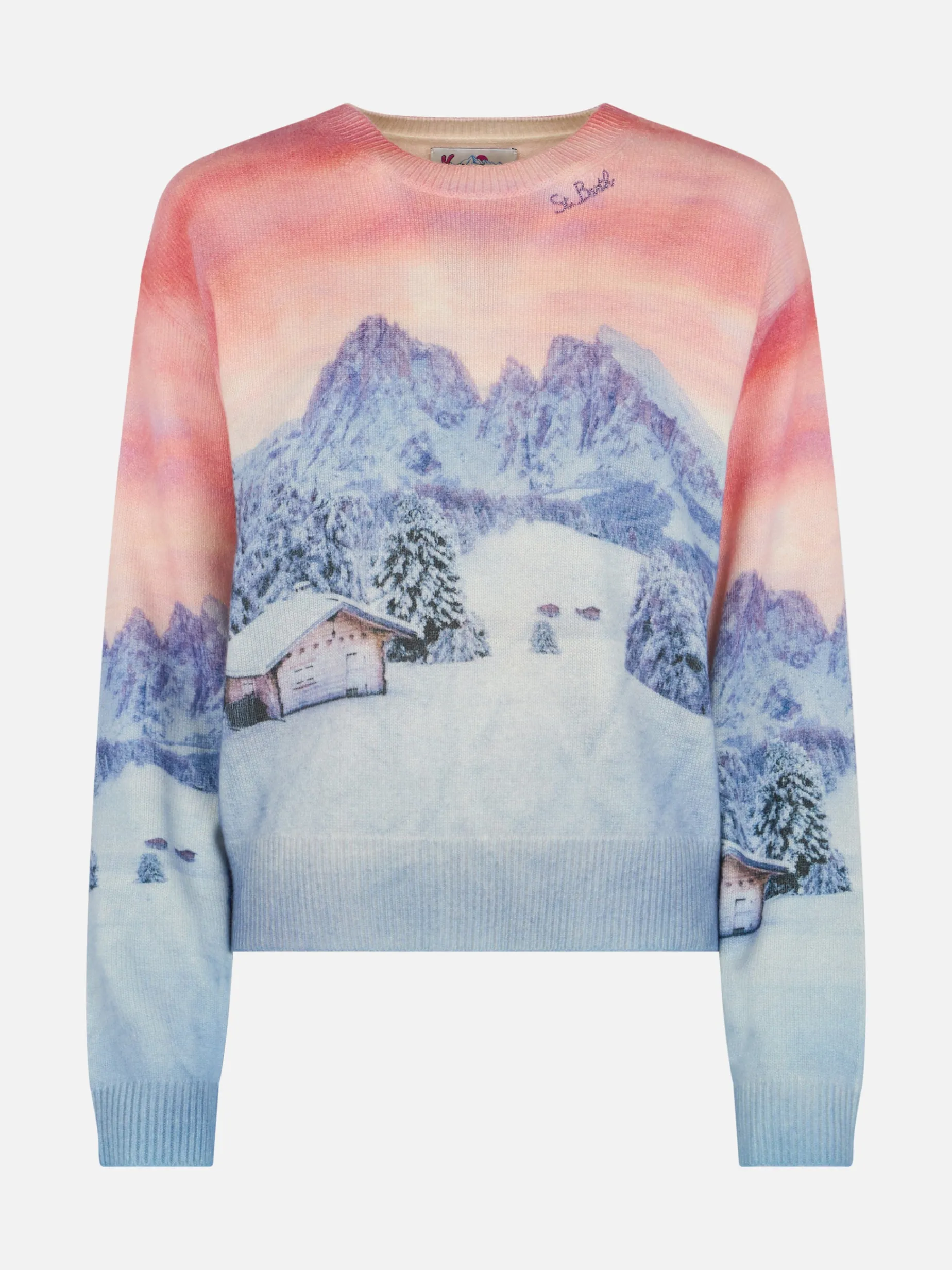 Damenpullover Louise aus Kaschmirmischung mit Chalet-Sonnenuntergangs-Print