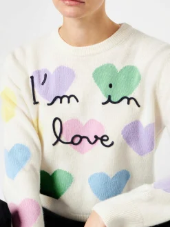 Damenpullover mit Herzaufdruck und „I'm in Love“-Stickerei