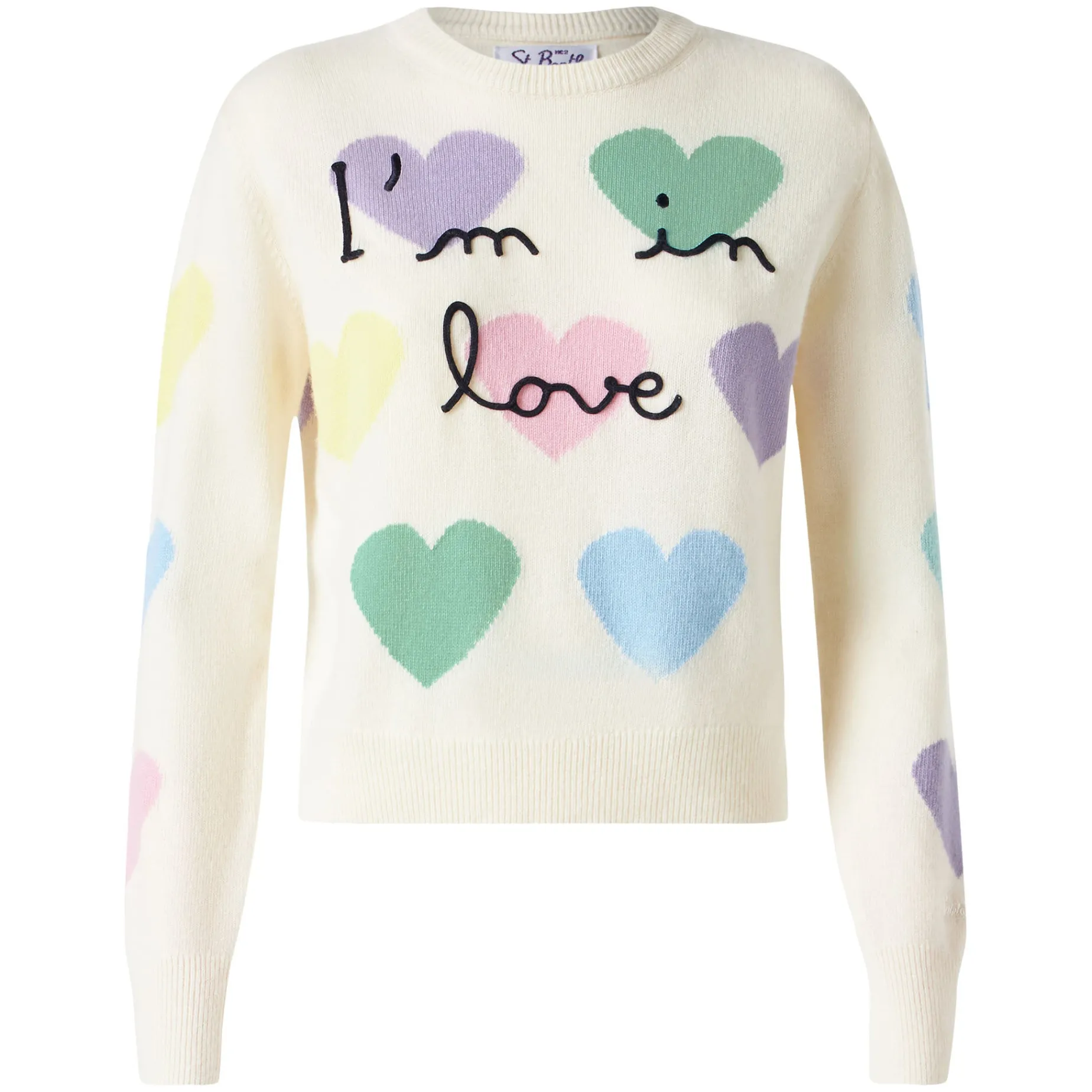 Damenpullover mit Herzaufdruck und „I'm in Love“-Stickerei