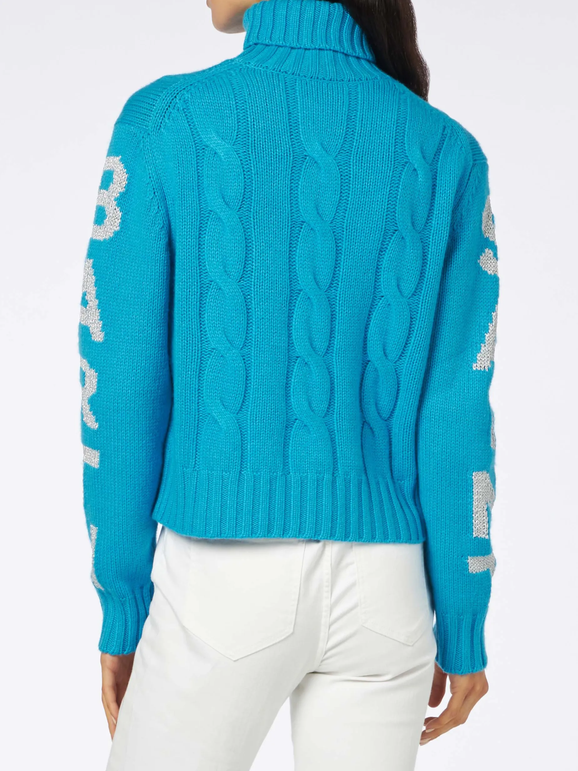 Damen-Rollkragenpullover mit Zopfmuster und Saint-Barth-Jacquard-Print