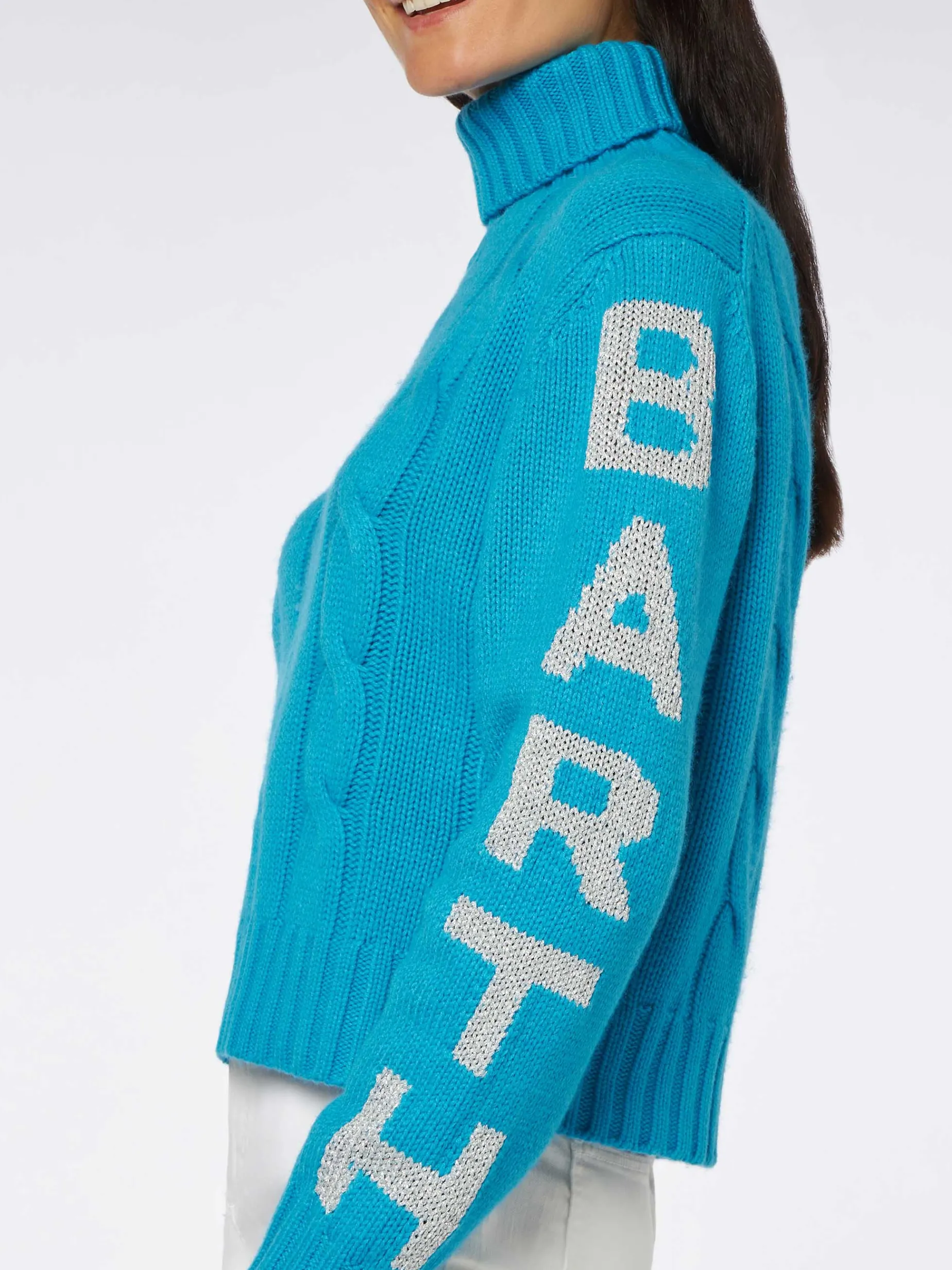 Damen-Rollkragenpullover mit Zopfmuster und Saint-Barth-Jacquard-Print