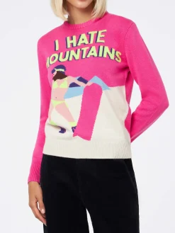 Damen-Rundhalspullover in Fluo-Rosa mit I-Hate-Mountains-Postkartendruck