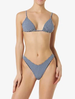 Damen-Triangel-Bikini in Crinkle-Optik mit blauem Gingham-Print