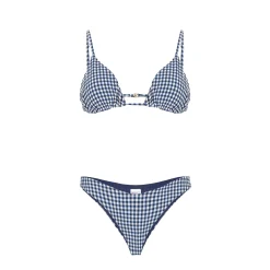 Damen-Triangel-Bikini in Crinkle-Optik mit blauem Gingham-Print