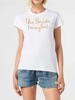 Damen-T-Shirt aus Baumwolle mit der Aufschrift „The Bride (maybe)“.