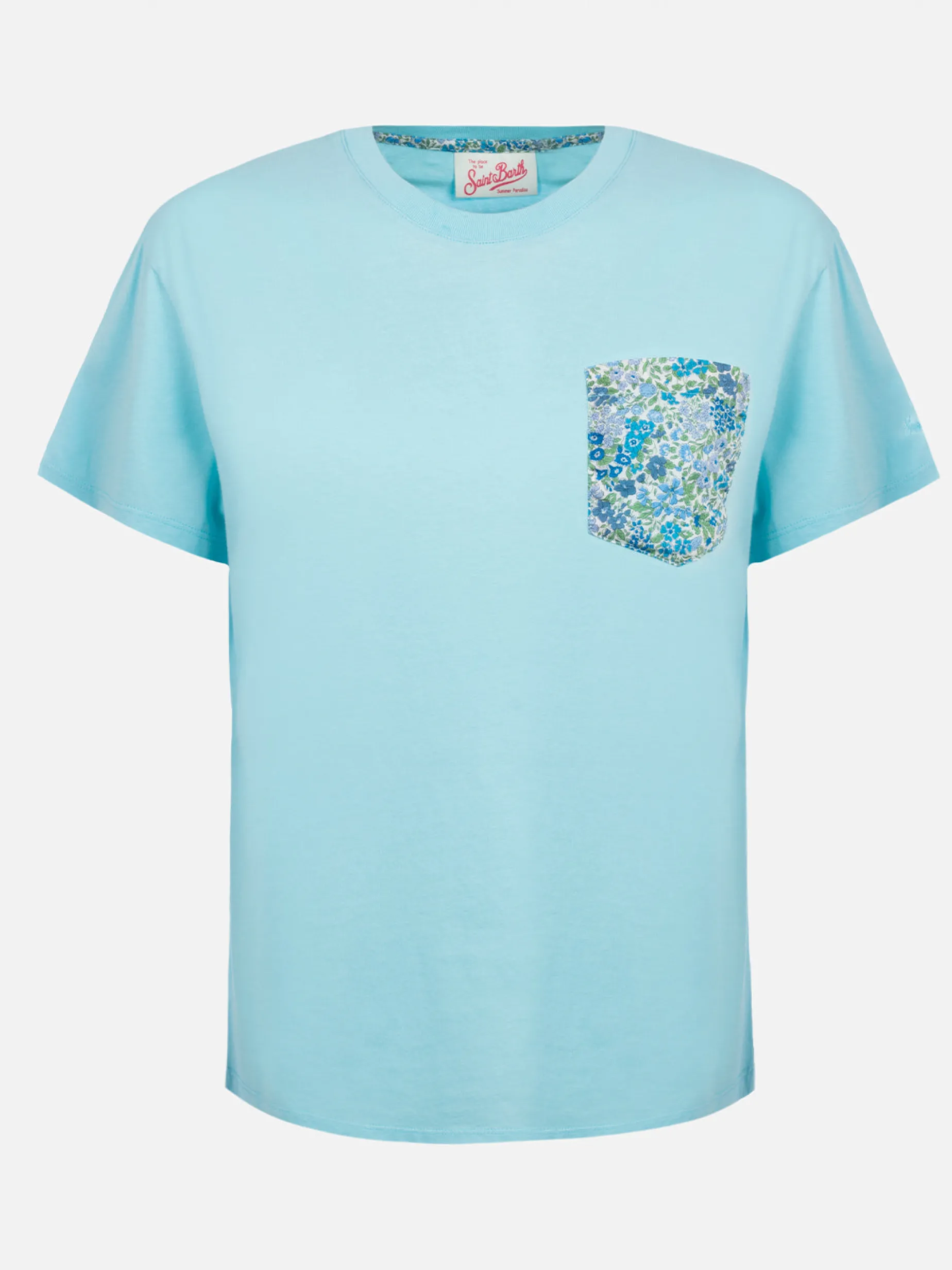 Damen-T-Shirt aus Baumwolljersey mit Rundhalsausschnitt, Emilie Joanna Luise, aufgesetzte Tasche | HERGESTELLT AUS LIBERTY-STOFF