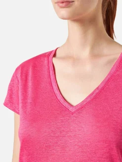 Damen-T-Shirt aus fuchsiafarbenem Leinen