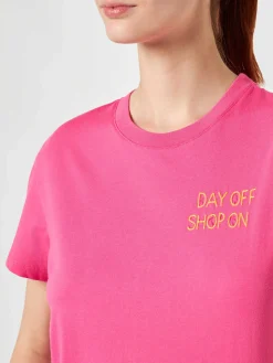 Damen-T-Shirt aus fuchsiafarbener Baumwolle mit Stickerei
